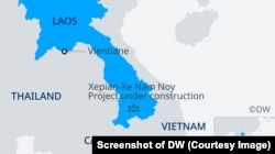 Bản đồ vị trí đập thủy điện của dự án Xe-Pian Xe-Namnoy vừa bị vỡ ở Lào.